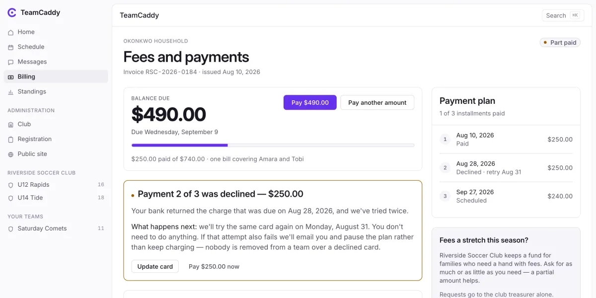 A TeamCaddy household invoice covering two children on different teams, showing a declined instalment, the date it will be retried, and a financial-aid link.