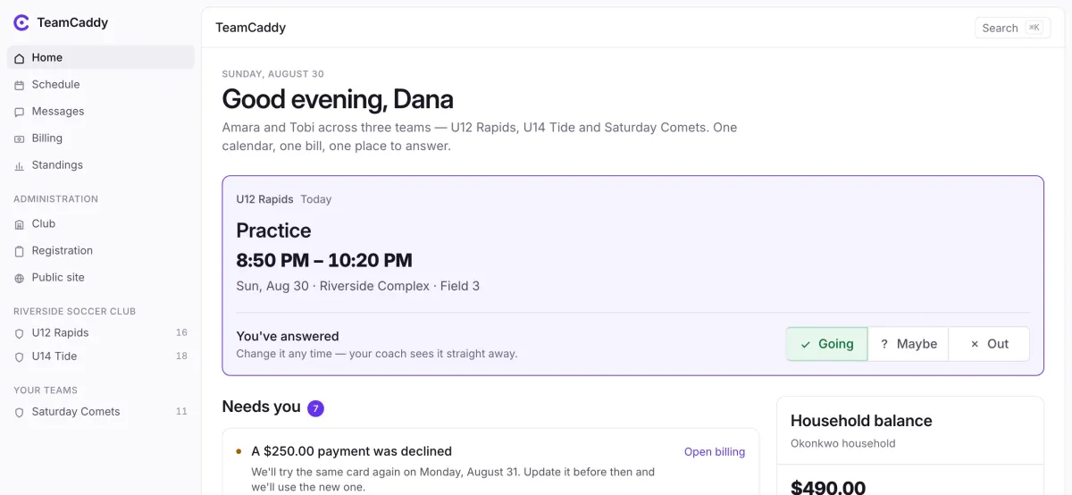 The TeamCaddy home screen for a parent, listing what needs an answer: a declined payment, a child rostered for two games at once, and fixtures still awaiting a reply.