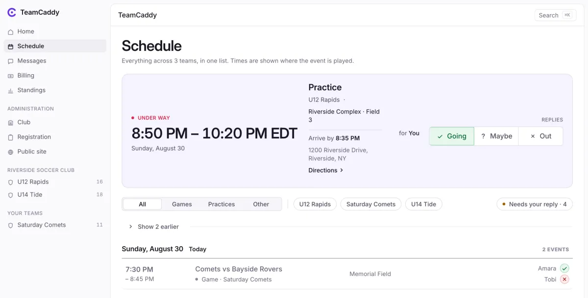 The TeamCaddy schedule showing three teams merged into one list, with going, maybe and out buttons on each event and a clash marked on one fixture.